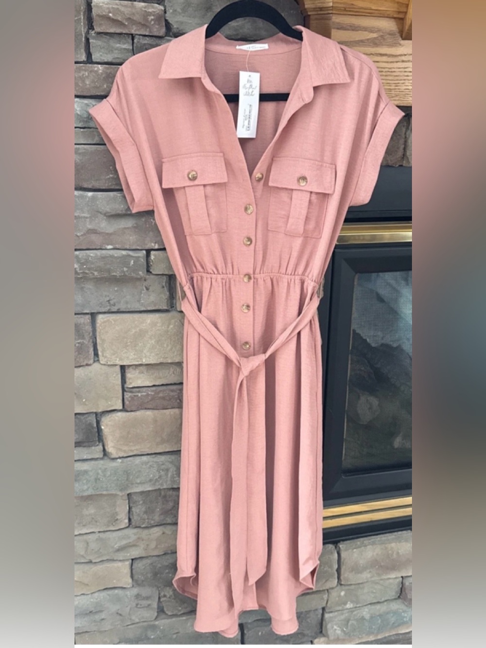 Becool Apricot Button Up Belted Short Sleeve Dress Womens Size S NWT W/ Pockets